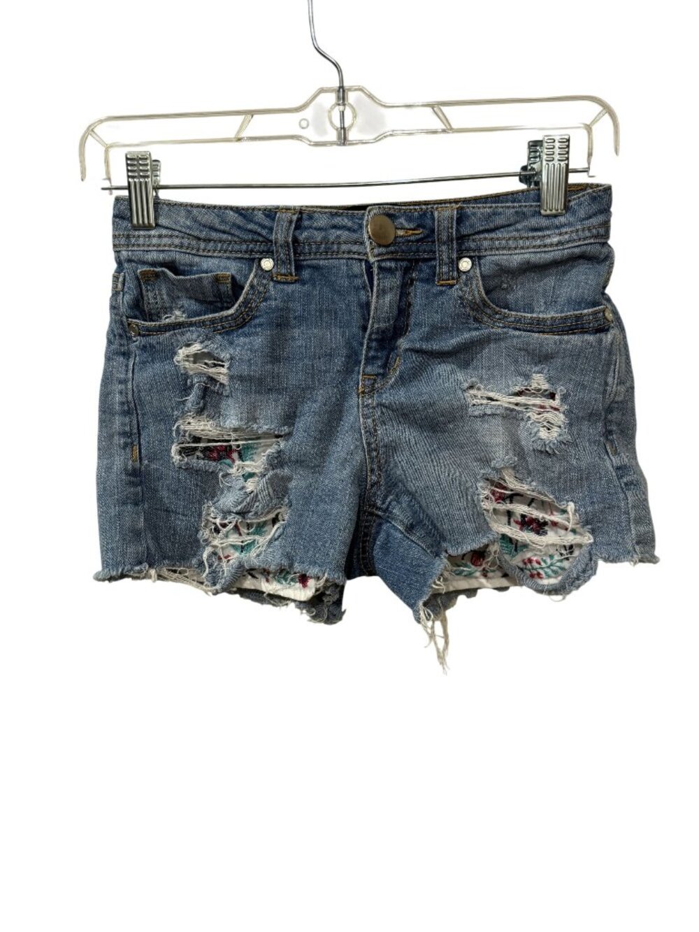 Harper Womens Distressed Denim Shorts With Floral Patchwork Design Size 25